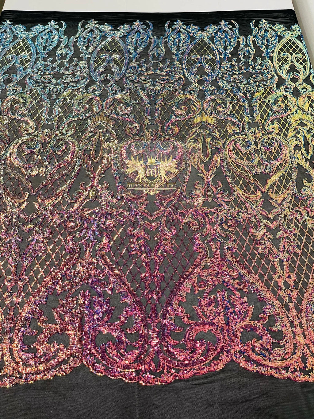 Heart Damask Sequins - Rainbow - 4 Way Stretch Elegant Shiny Net Sequins Fabric By Yard