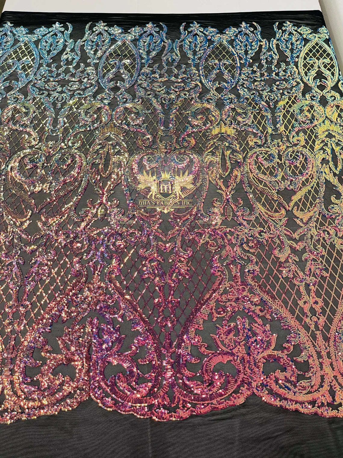 Heart Damask Sequins - Rainbow - 4 Way Stretch Elegant Shiny Net Sequins Fabric By Yard