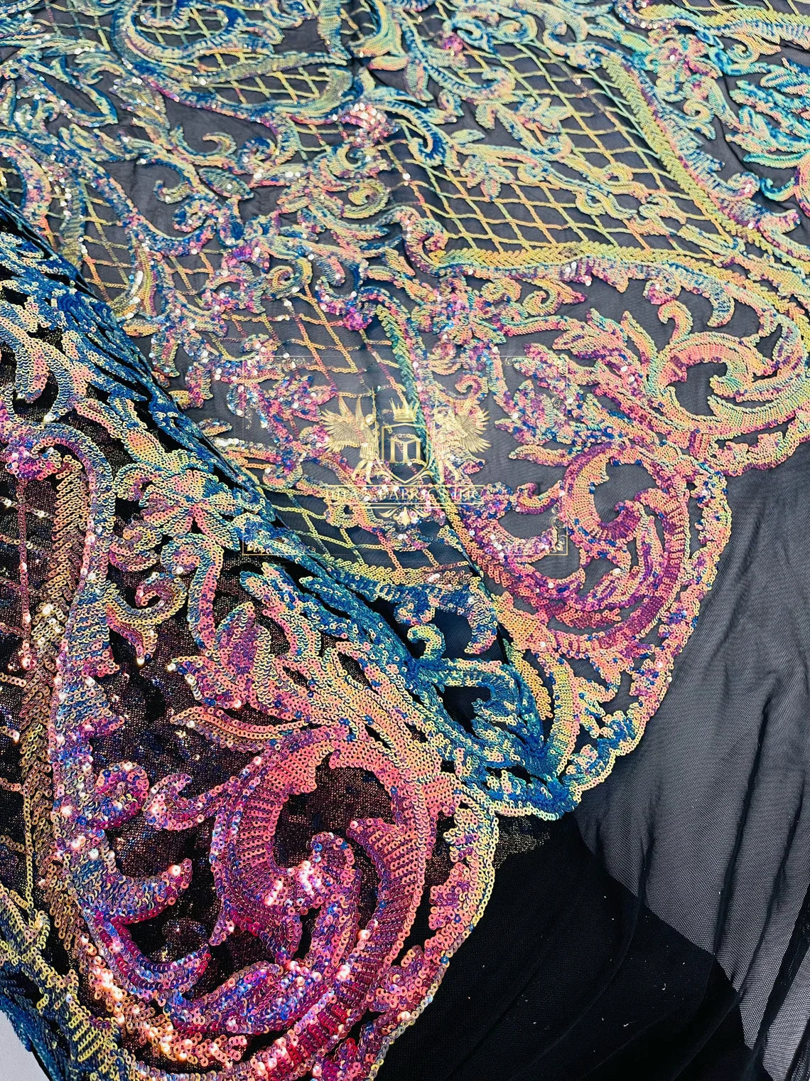 Heart Damask Sequins - Rainbow - 4 Way Stretch Elegant Shiny Net Sequins Fabric By Yard