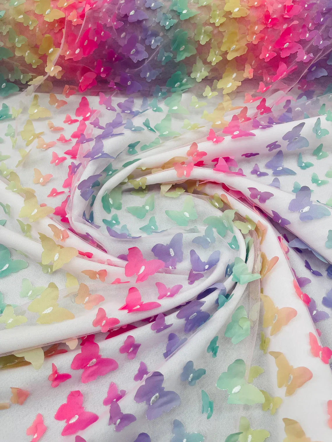 3D Butterfly Design Lace - Rainbow - Embroidered Lace with 3D Butterfly Design By Yard