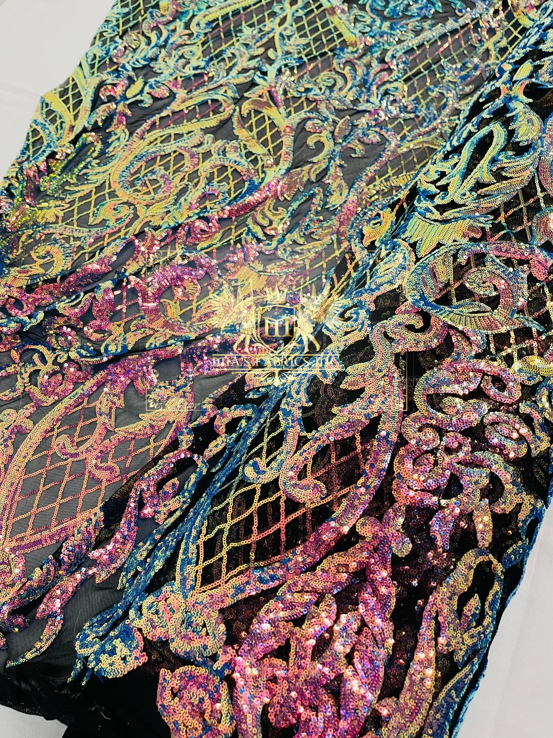 Heart Damask Sequins - Rainbow - 4 Way Stretch Elegant Shiny Net Sequins Fabric By Yard