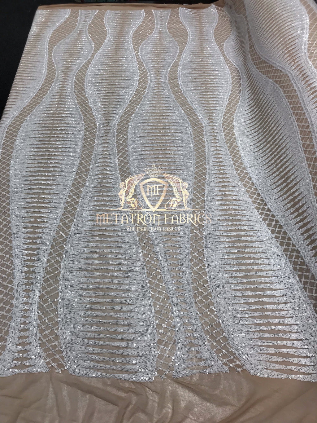 4 Way Stretch - White on Nude Mesh - Horizontal Line Design Sequins On Stretch Mesh By The Yard