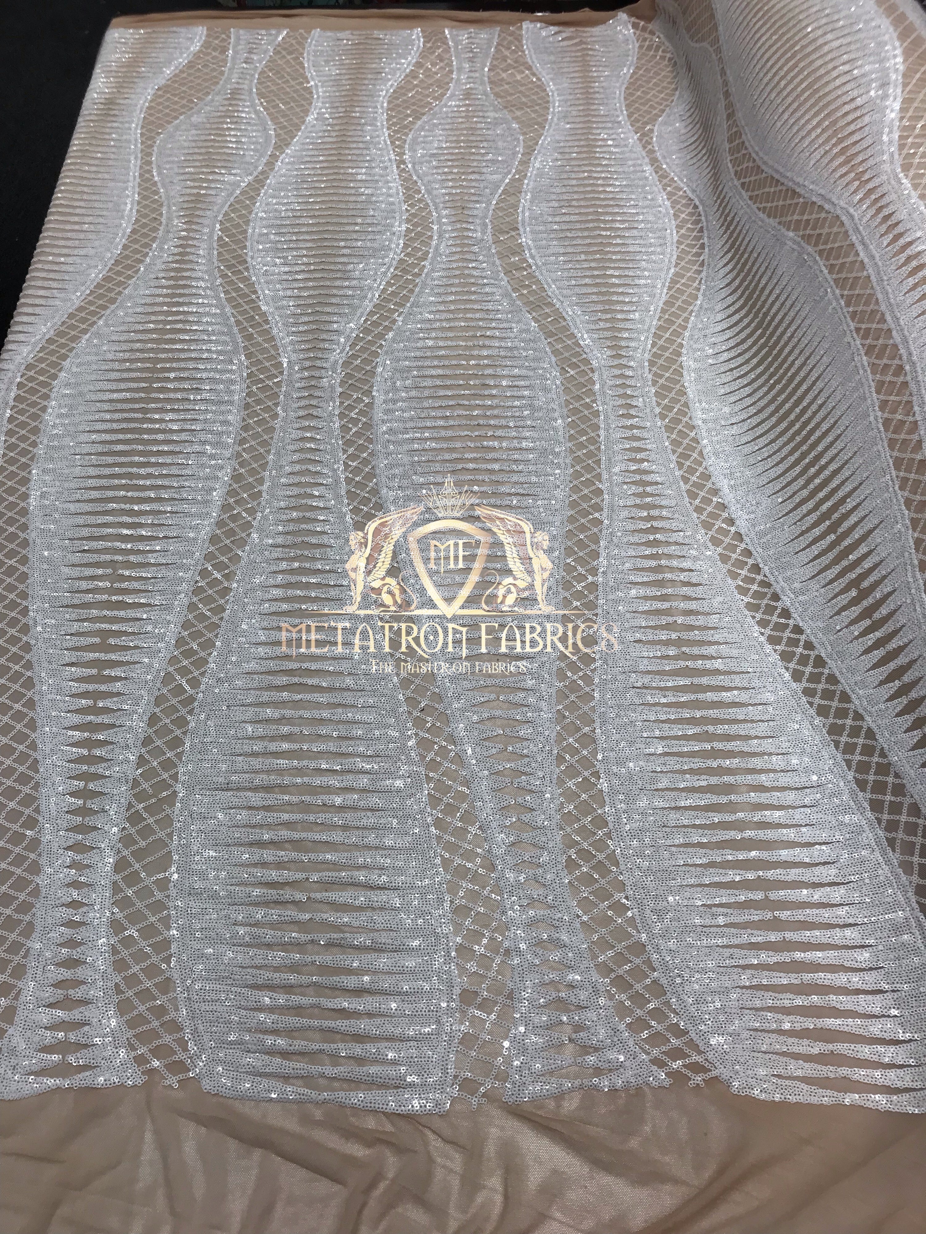4 Way Stretch - White on Nude Mesh - Horizontal Line Design Sequins On Stretch Mesh By The Yard