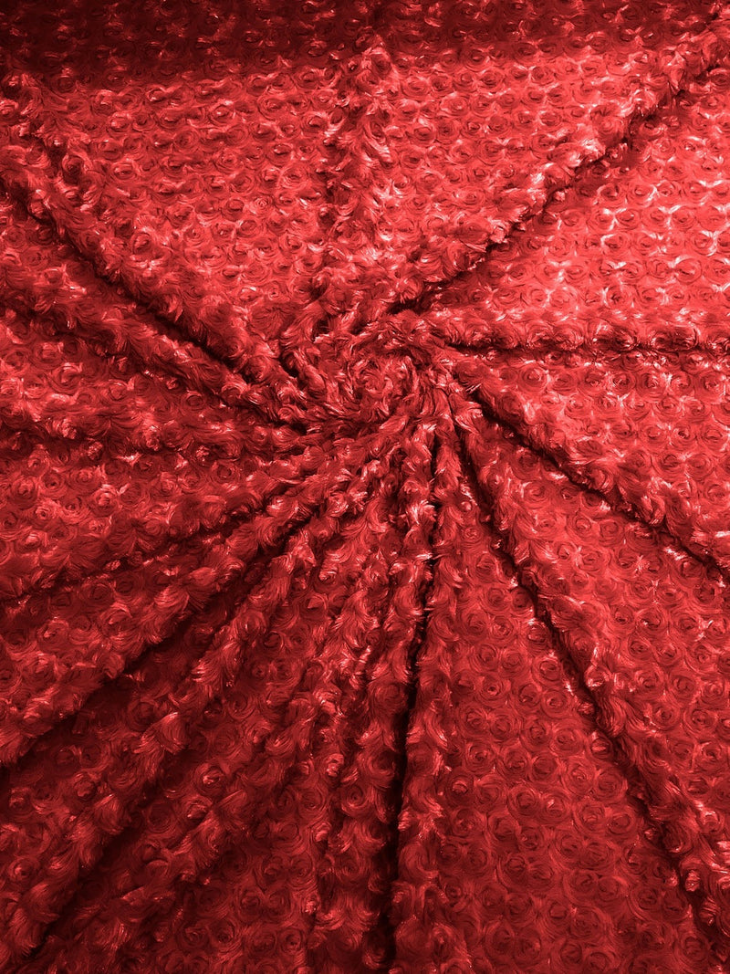 58" Minky Swirl Rose Fabric - Red - Soft Rosebud Plush Fur Fabric Sold By The Yard