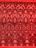 Damask Heart Design - Red - Damask with Heart Design Sequins on Mesh By Yard