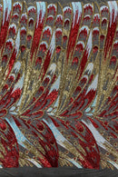 2 Yars 1/2 Multi-Color Sequins Design - Red / Gold / Aqua - 4 Way Stretch Sequins Fabric By The Yard