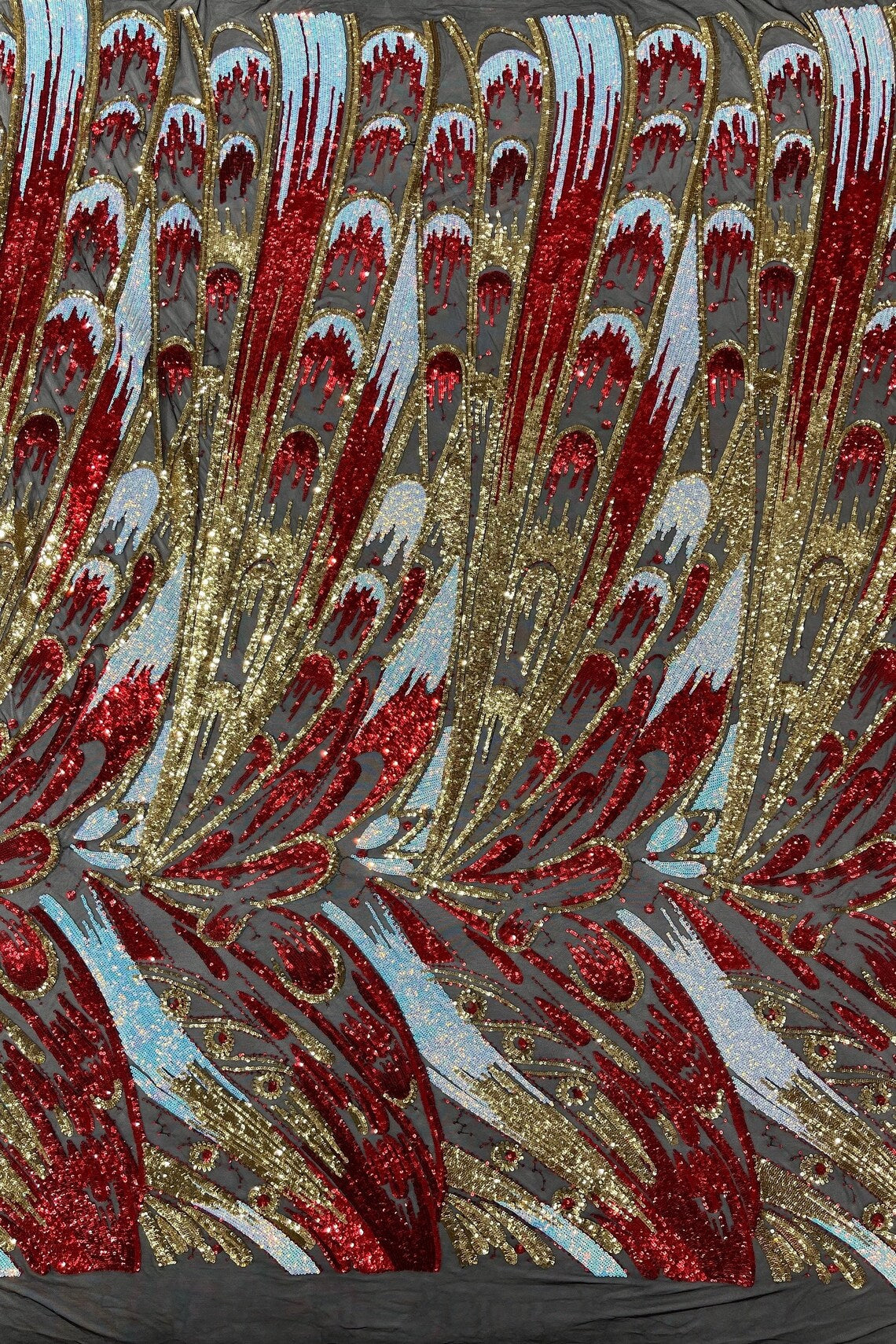 Multi-Color Sequins Design - Red / Gold / Aqua - 4 Way Stretch Sequins Fabric By The Yard