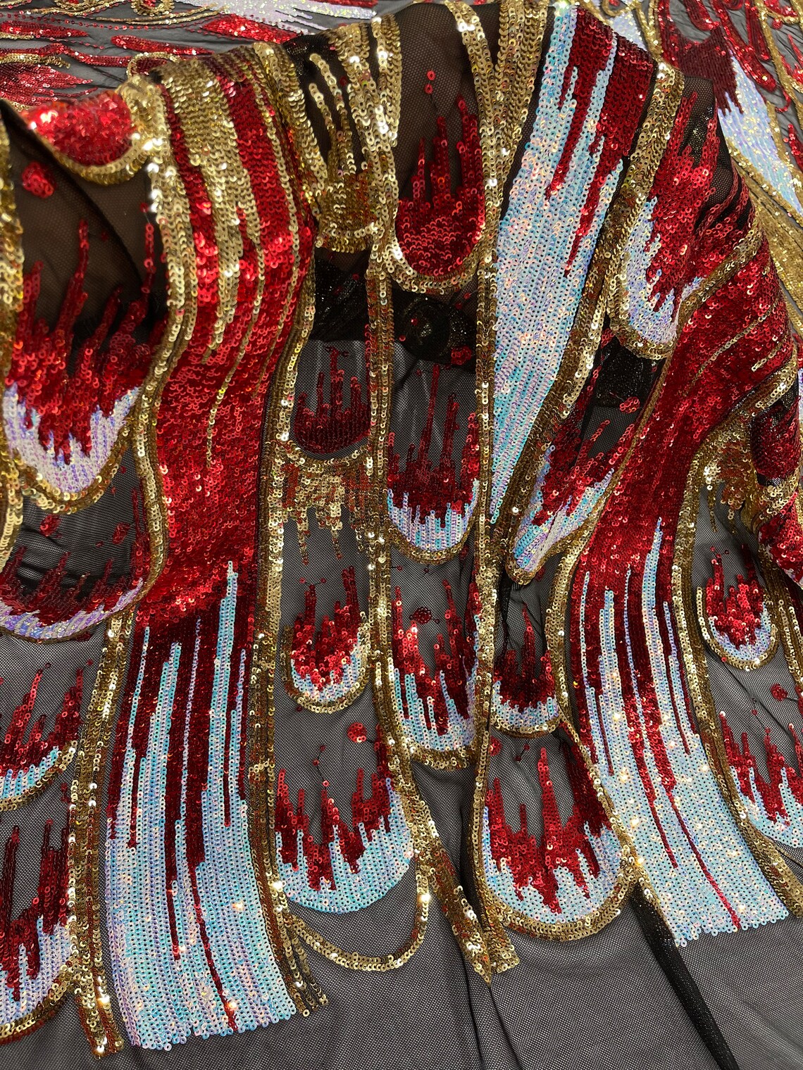 Multi-Color Sequins Design - Red / Gold / Aqua - 4 Way Stretch Sequins Fabric By The Yard