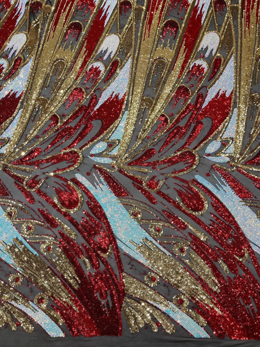 Multi-Color Sequins Design - Red / Gold / Aqua - 4 Way Stretch Sequins Fabric By The Yard