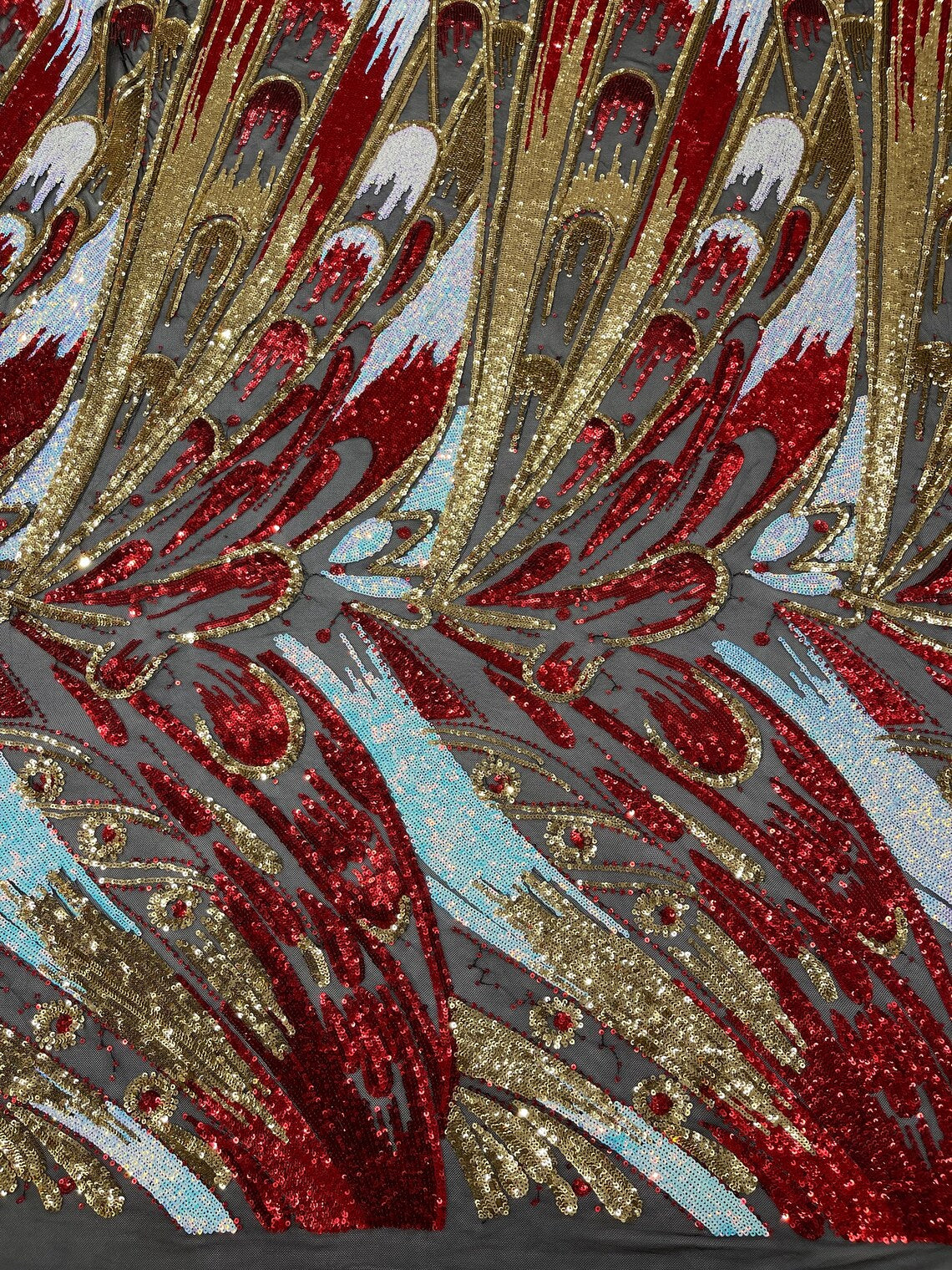 Multi-Color Sequins Design - Red / Gold / Aqua - 4 Way Stretch Sequins Fabric By The Yard