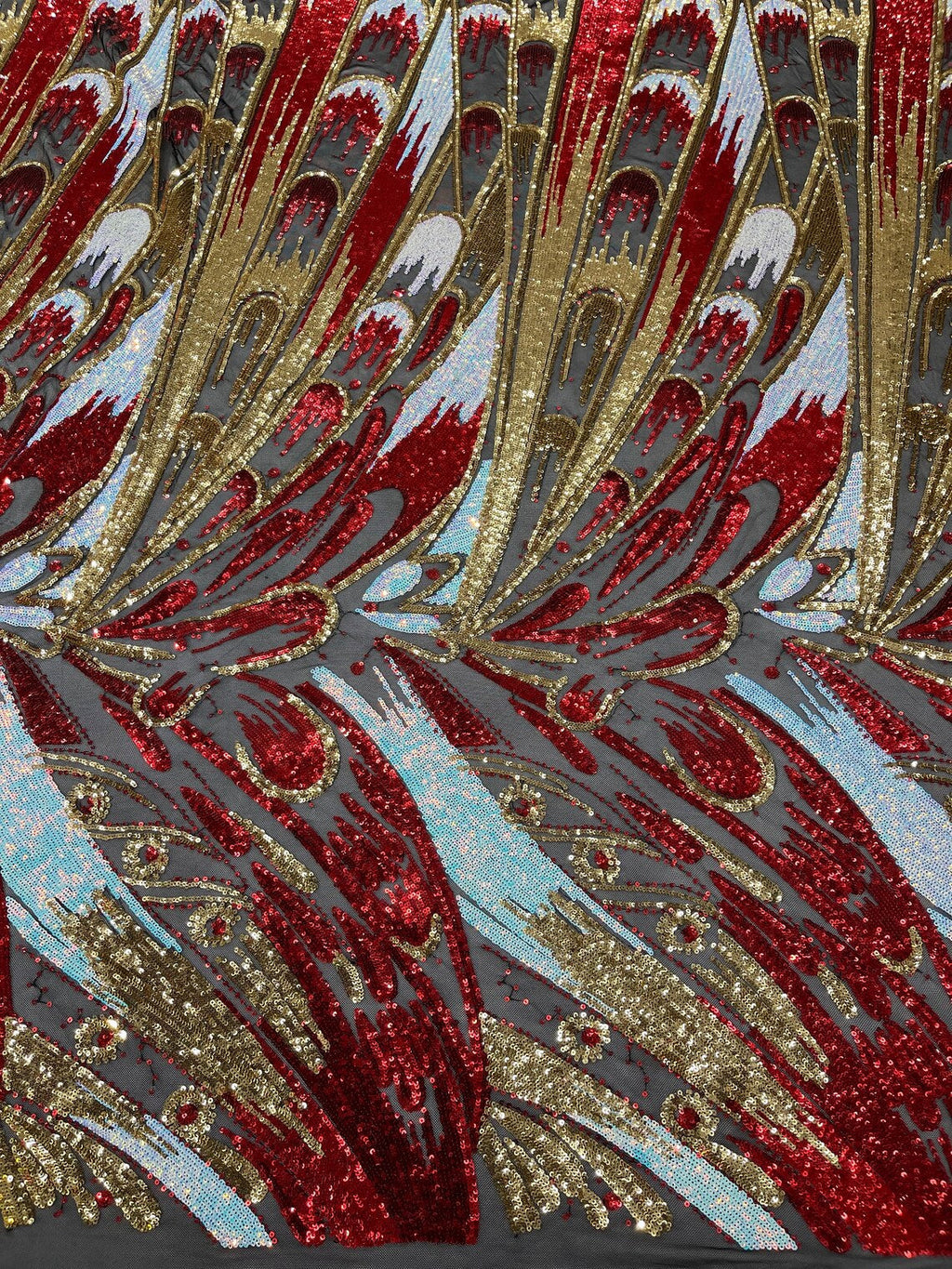 Multi-Color Sequins Design - Red / Gold / Aqua - 4 Way Stretch Sequins Fabric By The Yard