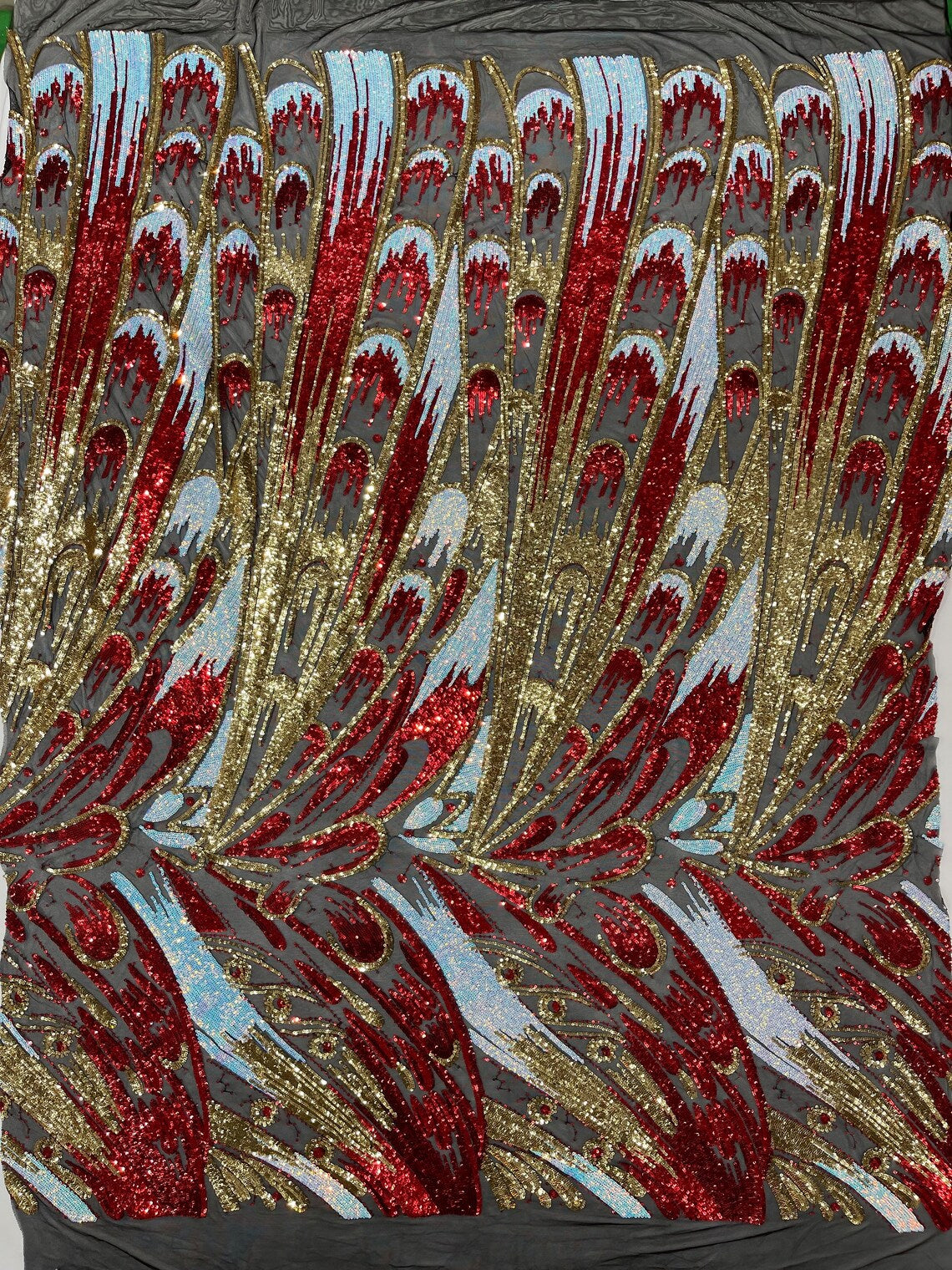 2 Yars 1/2 Multi-Color Sequins Design - Red / Gold / Aqua - 4 Way Stretch Sequins Fabric By The Yard