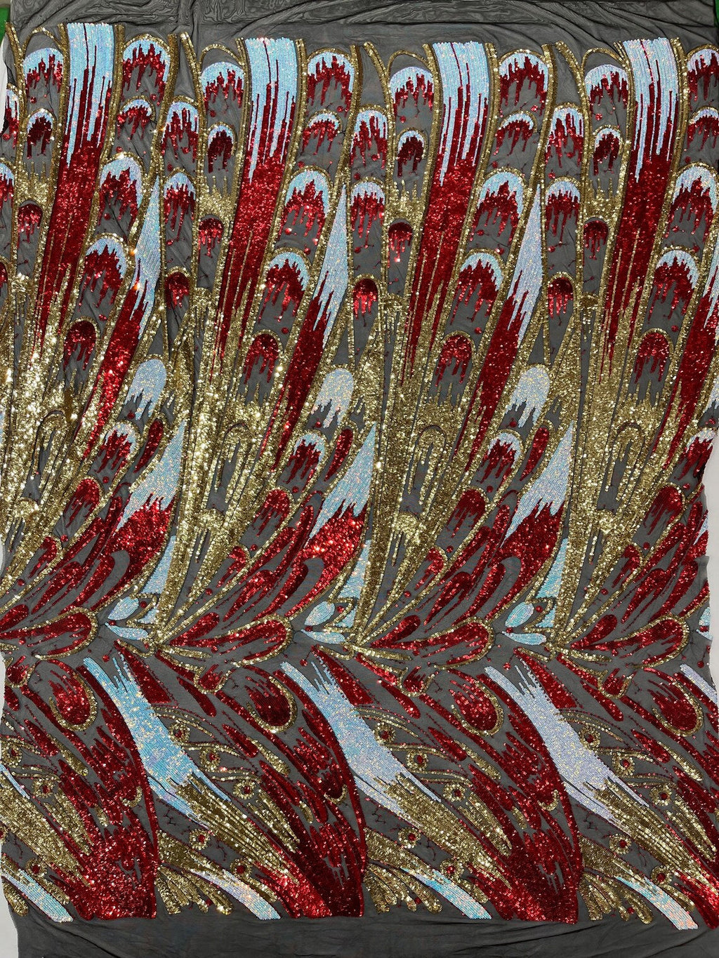 Multi-Color Sequins Design - Red / Gold / Aqua - 4 Way Stretch Sequins Fabric By The Yard