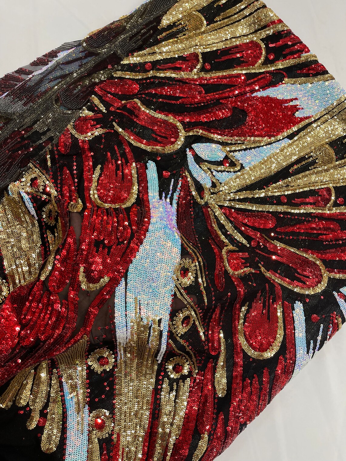 Multi-Color Sequins Design - Red / Gold / Aqua - 4 Way Stretch Sequins Fabric By The Yard