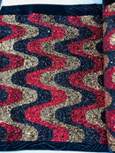 Wavy Line Velvet Sequins - Red / Gold / Black - Velvet Sequins 2 Way Stretch Fabric 58/60” By Yard