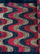 Wavy Line Velvet Sequins - Red / Gold / Black - Velvet Sequins 2 Way Stretch Fabric 58/60” By Yard