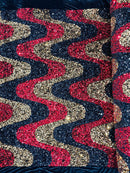 Wavy Line Velvet Sequins - Red / Gold / Black - Velvet Sequins 2 Way Stretch Fabric 58/60” By Yard