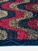 Wavy Line Velvet Sequins - Red / Gold / Black - Velvet Sequins 2 Way Stretch Fabric 58/60” By Yard