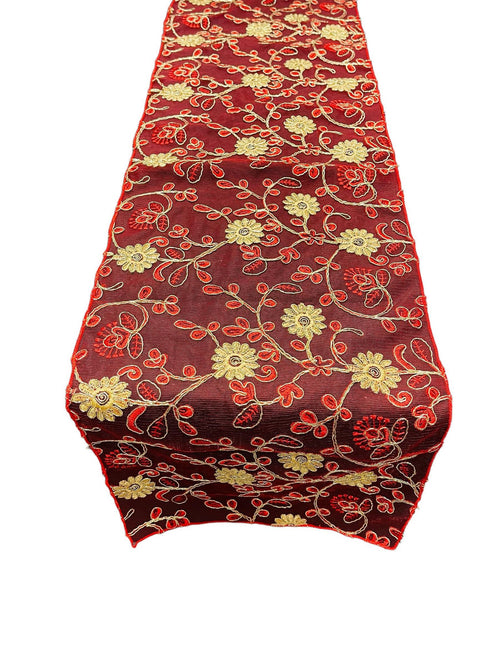 12" x 90" Metallic Flower Table Runner - Gold / Red - Fancy Runner for Event Decor