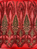 Damask Palm Leaf Design - Red / Gold - 4 Way Stretch Sequin Fabric on Mesh Sold By Yard