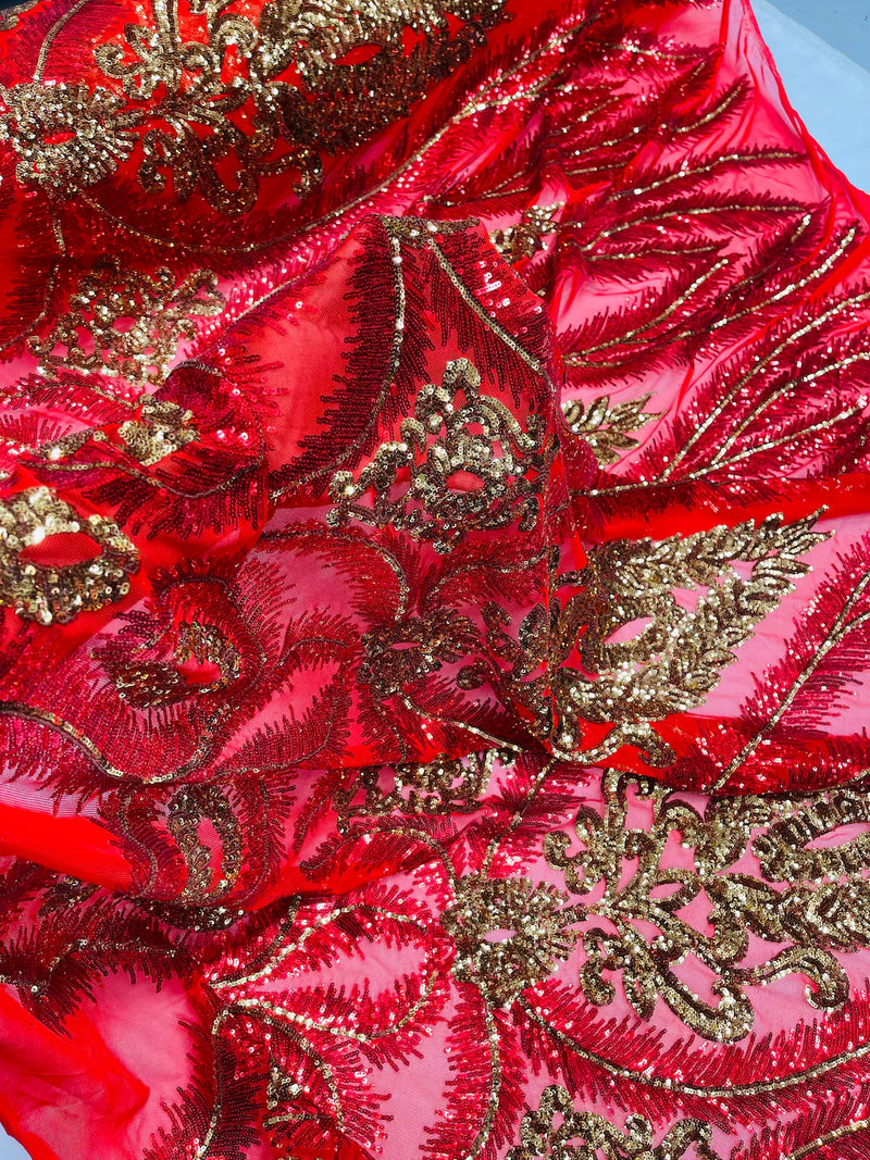 Damask Palm Leaf Design - Red / Gold - 4 Way Stretch Sequin Fabric on Mesh Sold By Yard