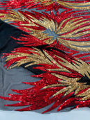 Phoenix Wing Sequins - Red / Gold - 4 Way Stretch Wings Pattern Design Fabric By Yard
