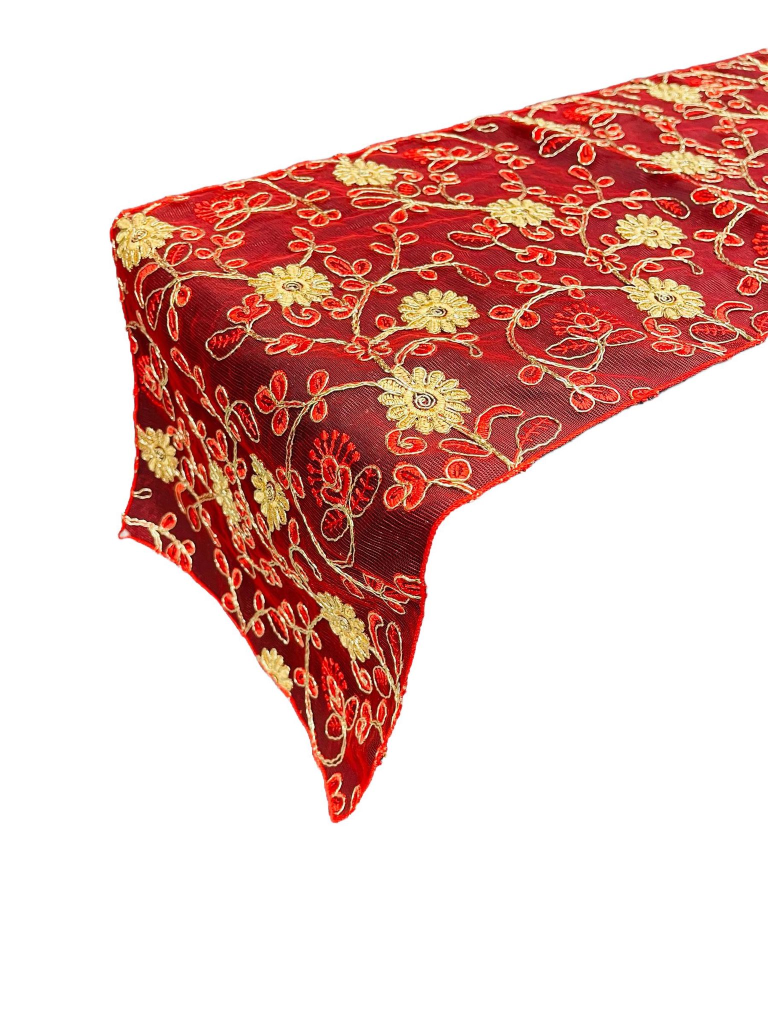 12" x 90" Metallic Flower Table Runner - Gold / Red - Fancy Runner for Event Decor
