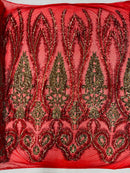 Damask Palm Leaf Design - Red / Gold - 4 Way Stretch Sequin Fabric on Mesh Sold By Yard