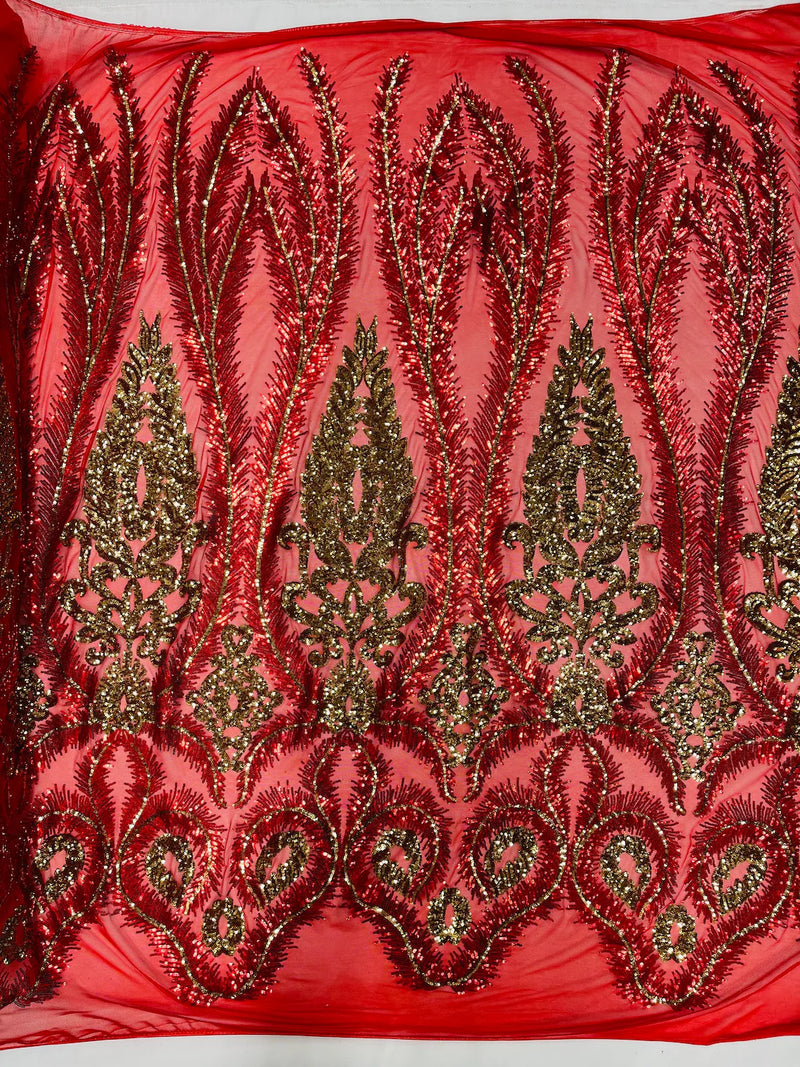 Damask Palm Leaf Design - Red / Gold - 4 Way Stretch Sequin Fabric on Mesh Sold By Yard