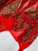 Damask Palm Leaf Design - Red / Gold - 4 Way Stretch Sequin Fabric on Mesh Sold By Yard