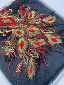 Peacock Feathers Lace Fabric - Red / Gold on Black Peacock Feather Design Lace Mesh Fabric by Panel