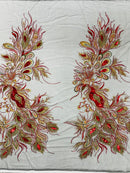 Peacock Feathers Lace Fabric - Red / Gold on Black Peacock Feather Design Lace Mesh Fabric by Panel