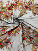 Peacock Feathers Lace Fabric - Red / Gold on Black Peacock Feather Design Lace Mesh Fabric by Panel