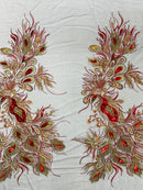 Peacock Feathers Lace Fabric - Red / Gold on Black Peacock Feather Design Lace Mesh Fabric by Panel
