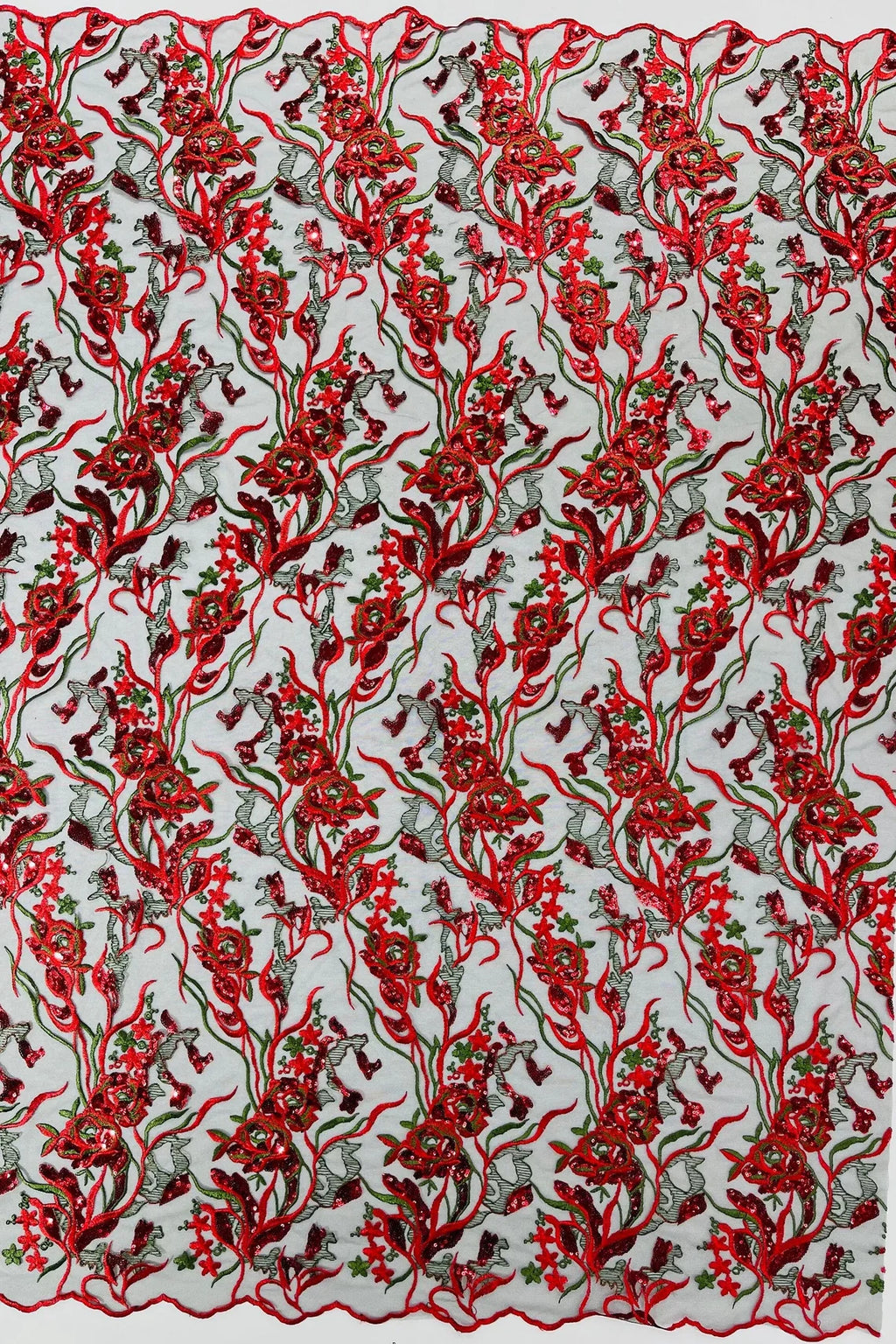 Floral Multi-Color Fabric - Red / Green - Flower and Leaves Lace Sequins Fabric Sold By Yard