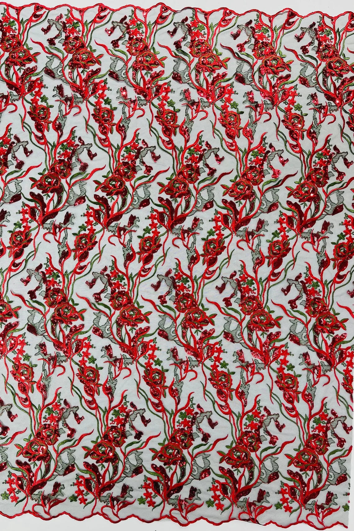 Floral Multi-Color Fabric - Red / Green - Flower and Leaves Lace Sequins Fabric Sold By Yard