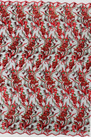 Floral Multi-Color Fabric - Red / Green - Flower and Leaves Lace Sequins Fabric Sold By Yard