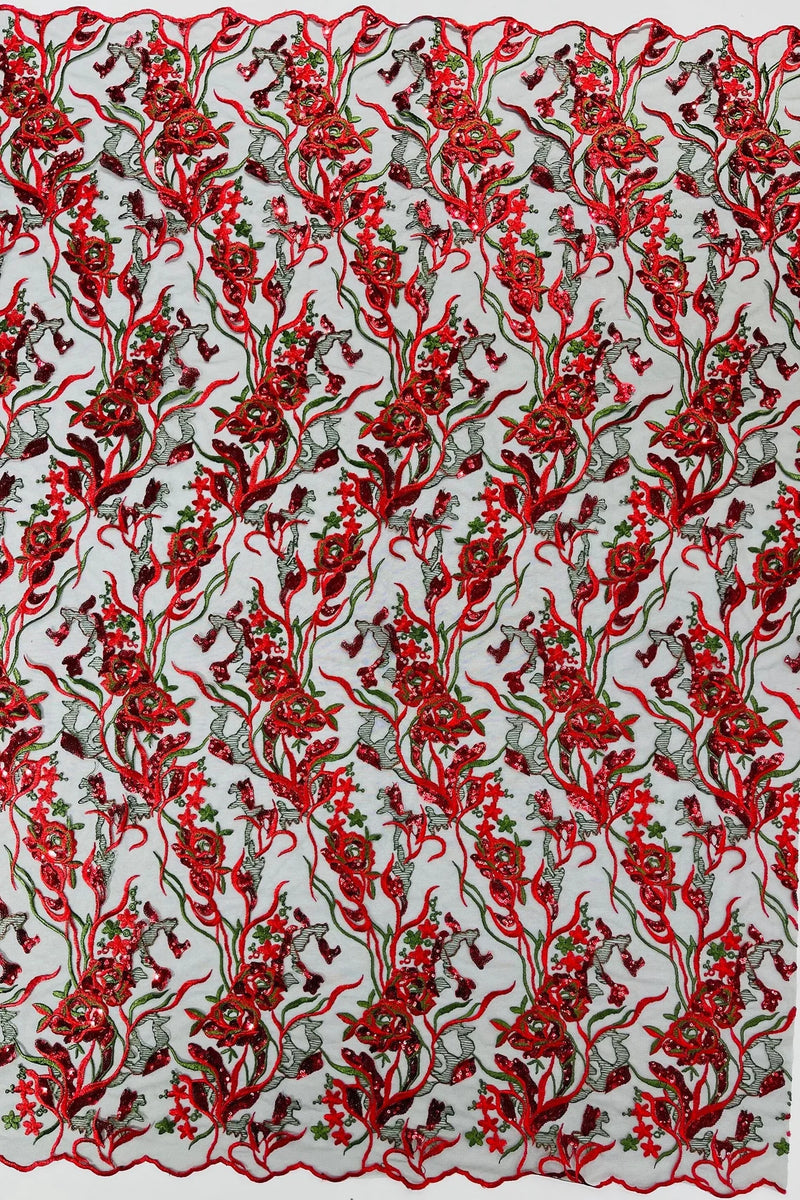 Floral Multi-Color Fabric - Red / Green - Flower and Leaves Lace Sequins Fabric Sold By Yard