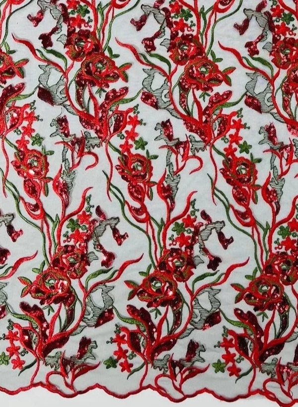 Floral Multi-Color Fabric - Red / Green - Flower and Leaves Lace Sequins Fabric Sold By Yard