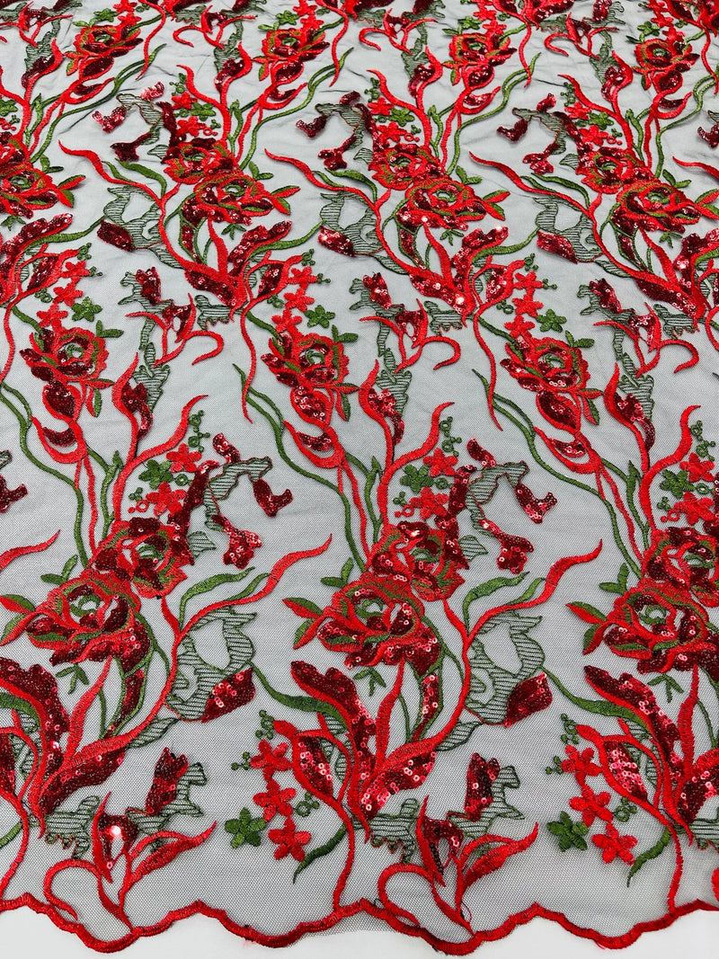 Floral Multi-Color Fabric - Red / Green - Flower and Leaves Lace Sequins Fabric Sold By Yard