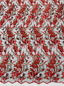 Floral Multi-Color Fabric - Red / Green - Flower and Leaves Lace Sequins Fabric Sold By Yard