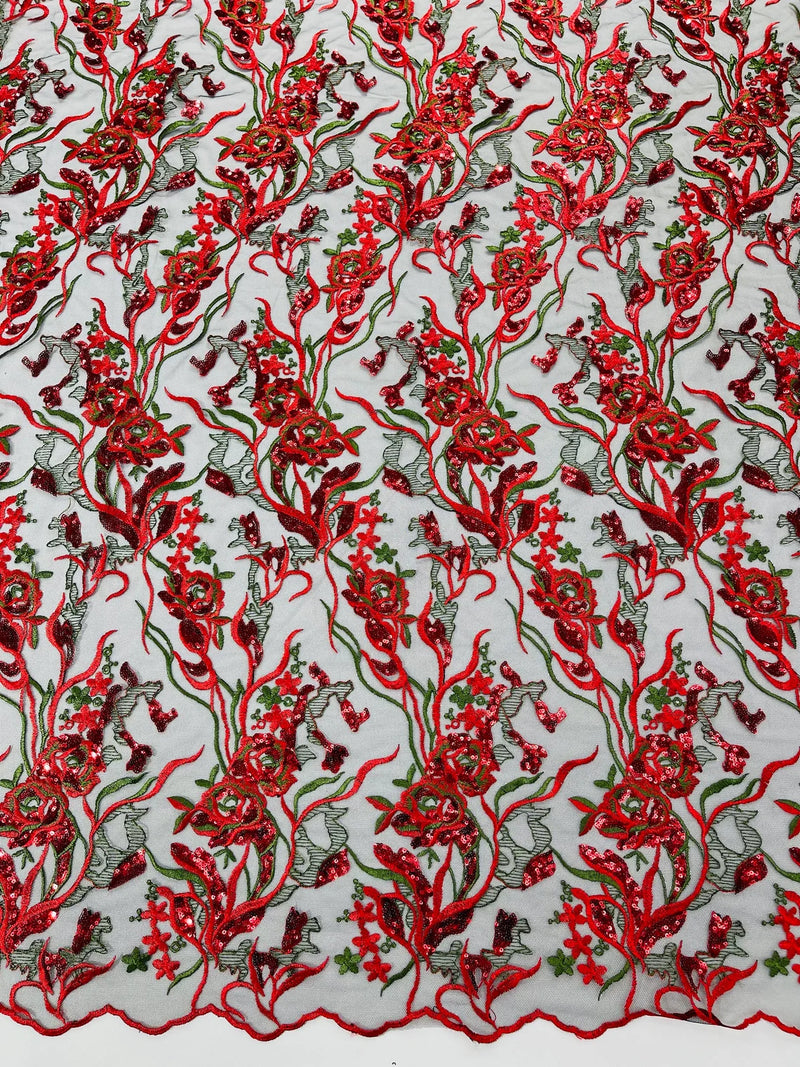 Floral Multi-Color Fabric - Red / Green - Flower and Leaves Lace Sequins Fabric Sold By Yard