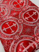 Brocade Cross Fabric - Red / Silver - Church Vestment Religious Jacquard Fabric By Yard
