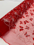 3D Butterfly Beaded Fabric - Red / Silver - Beaded Sequins Butterfly Embroidered Fabric By Yard