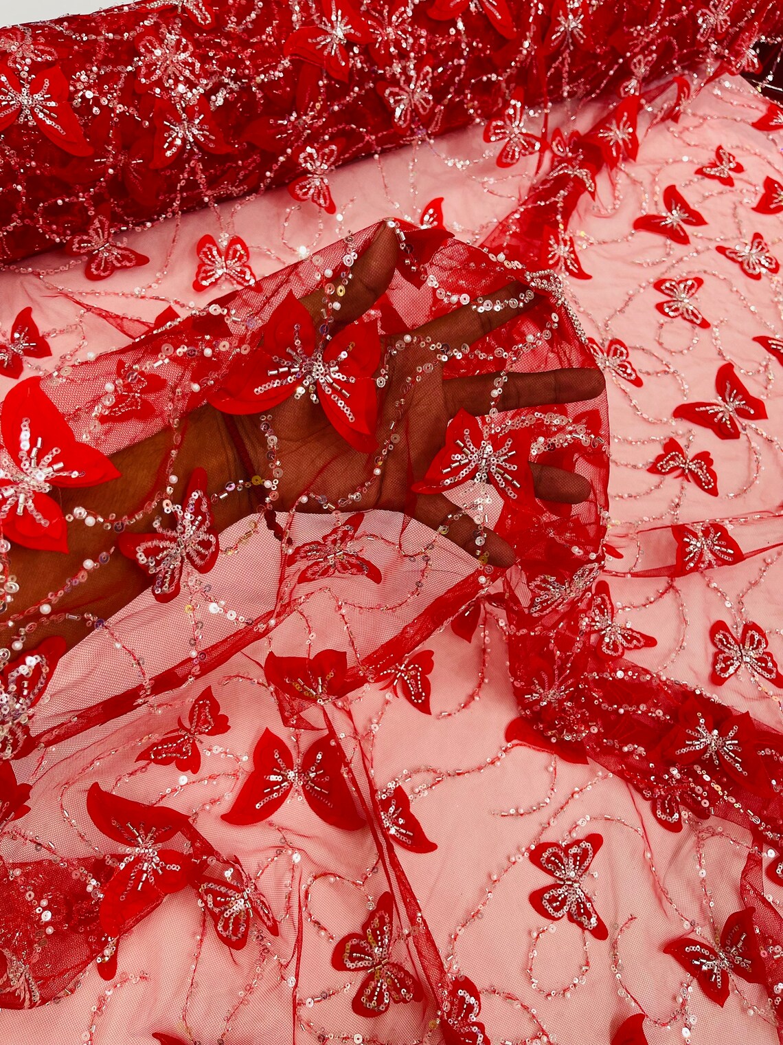 3D Butterfly Beaded Fabric - Red / Silver - Beaded Sequins Butterfly E