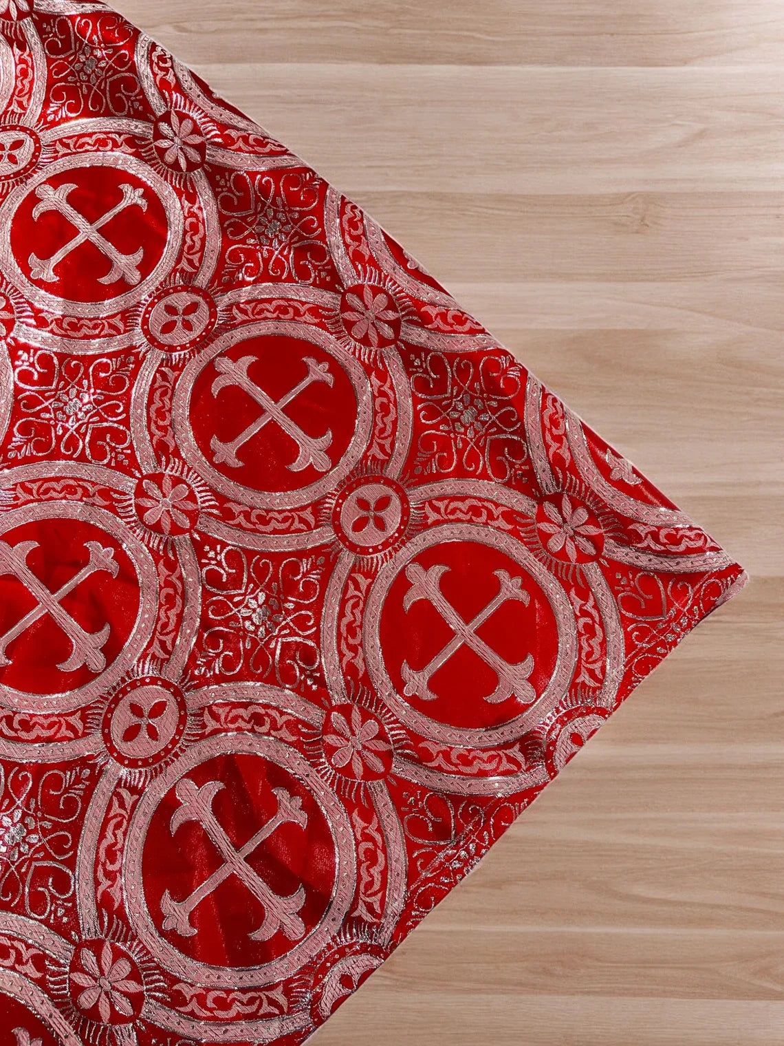 Brocade Cross Fabric - Red / Silver - Church Vestment Religious Jacquard Fabric By Yard