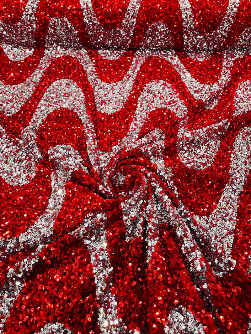 Wavy Line Velvet Sequins - Red / Silver - Velvet Sequins 2 Way Stretch Fabric 58/60” By Yard