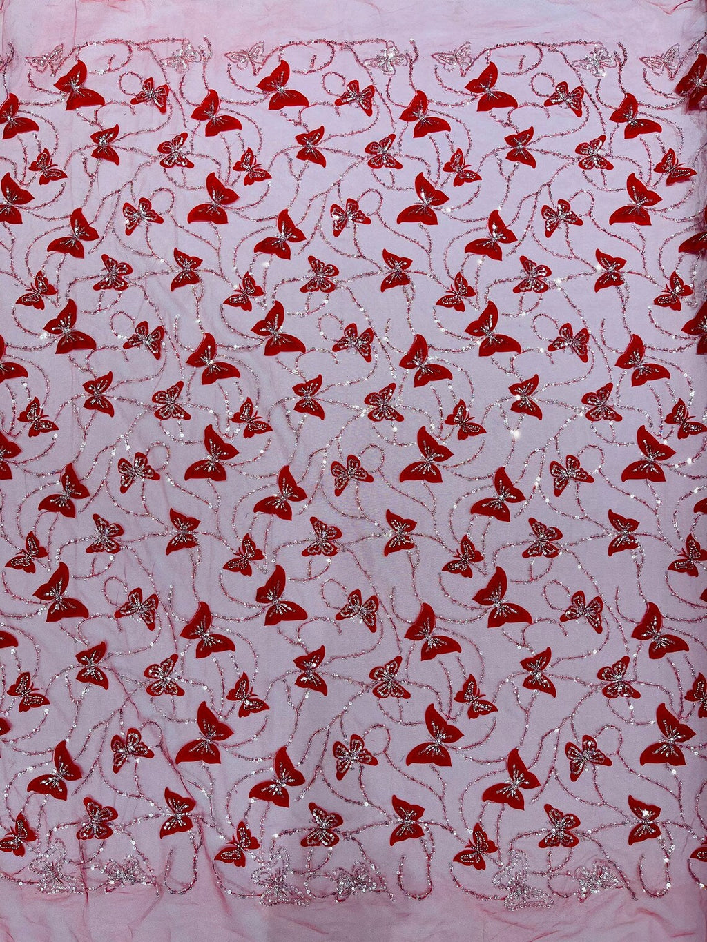 3D Butterfly Beaded Fabric - Red / Silver - Beaded Sequins Butterfly Embroidered Fabric By Yard