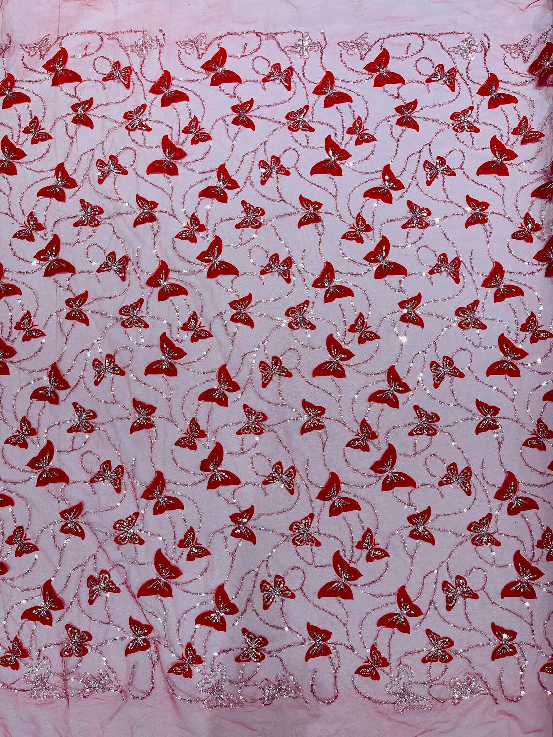 3D Butterfly Beaded Fabric - Red / Silver - Beaded Sequins Butterfly Embroidered Fabric By Yard