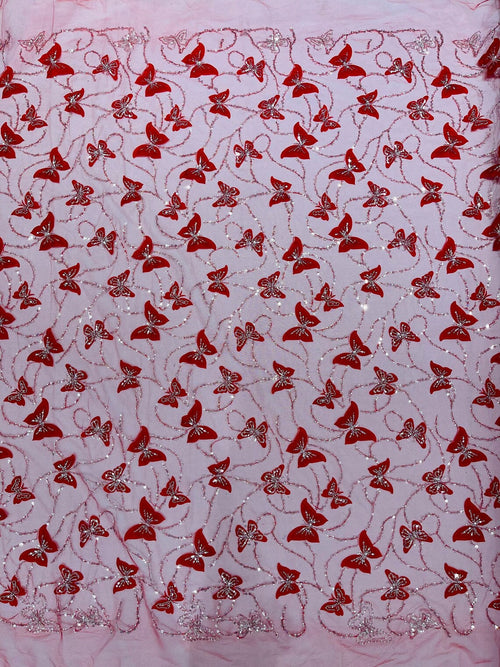 3D Butterfly Beaded Fabric - Red / Silver - Beaded Sequins Butterfly Embroidered Fabric By Yard